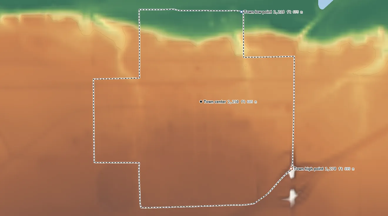 Topographic elevation map of Terry, Montana, shaded from 2,210 ft on the northeast side to 2,270 ft on the southeast side