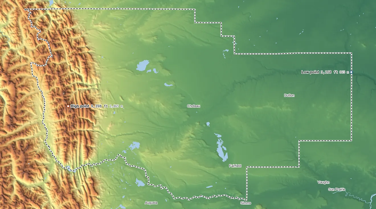 Topographic elevation map of Teton County, Montana, shaded from 3,160 ft on the east side to 9,398 ft on Rocky Mountain
