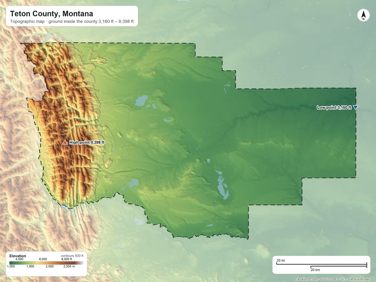 Topographic elevation map of Teton County, Montana, shaded from 3,160 ft on the east side to 9,398 ft on Rocky Mountain