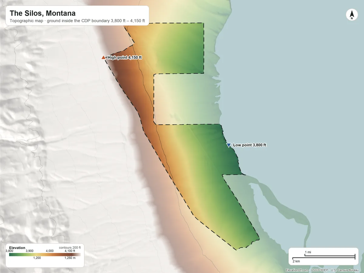 Topographic elevation map of The Silos, Montana, shaded from 3,800 ft on the southeast side to 4,150 ft at the foot of the Elkhorn Mountains