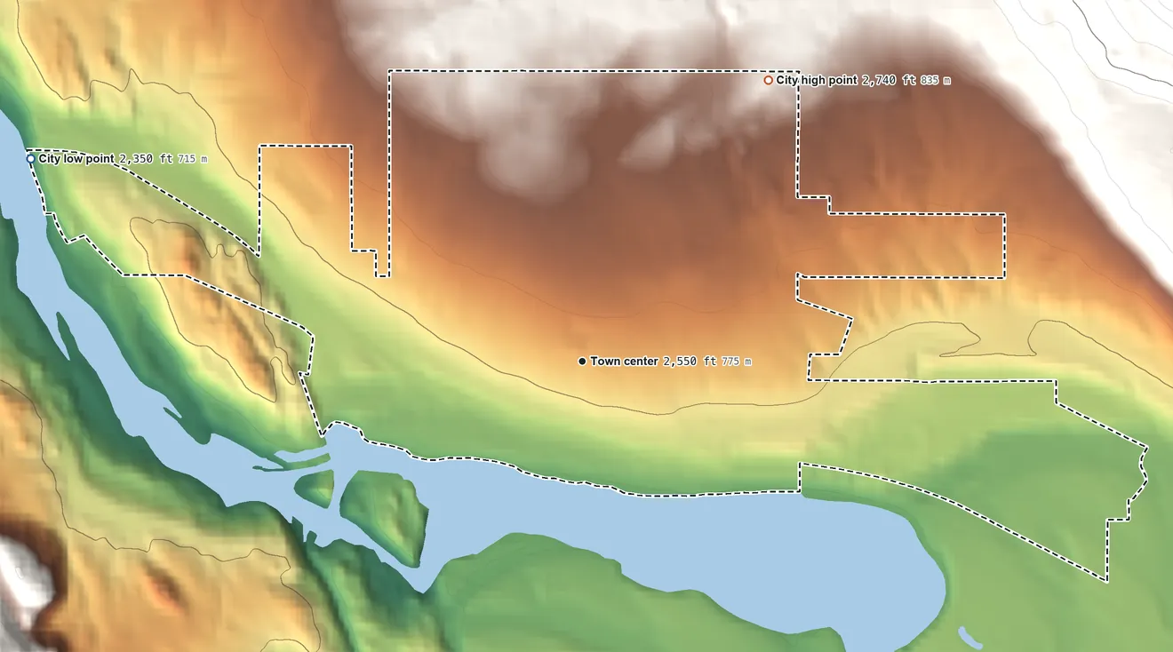Topographic elevation map of Thompson Falls, Montana, shaded from 2,350 ft on the west side to 2,740 ft at the foot of the Coeur d'Alene Mountains