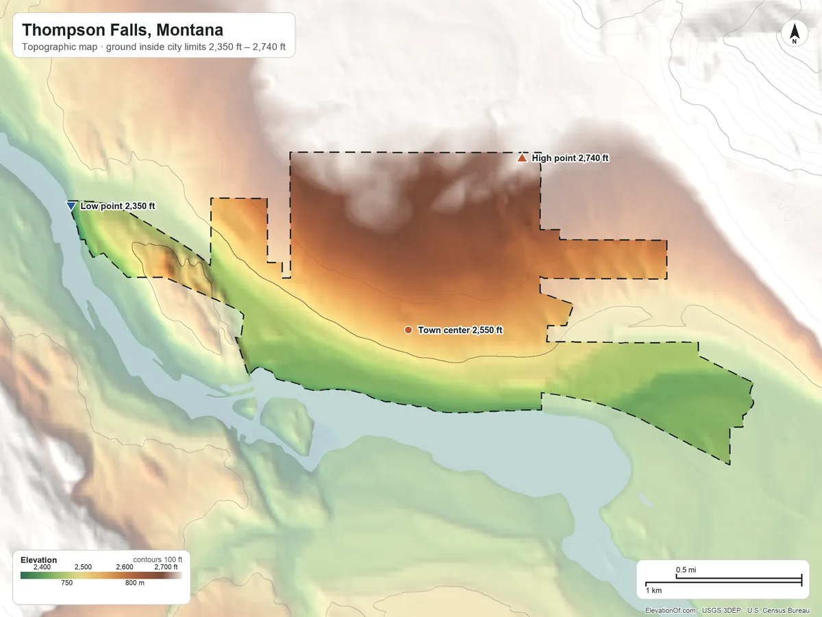 Topographic elevation map of Thompson Falls, Montana, shaded from 2,350 ft on the west side to 2,740 ft at the foot of the Coeur d'Alene Mountains