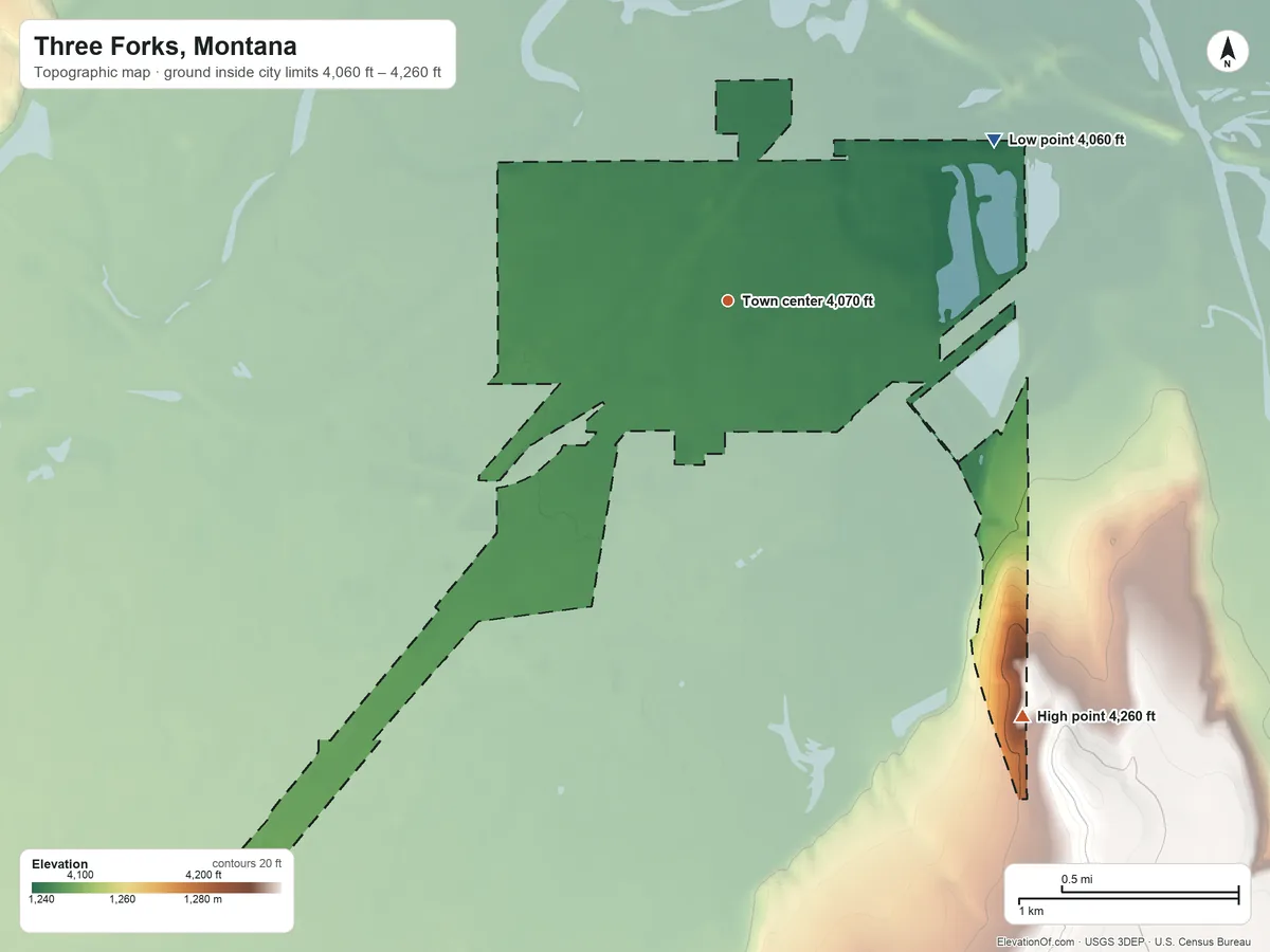 Topographic elevation map of Three Forks, Montana, shaded from 4,060 ft on the northeast side to 4,260 ft on the southeast side