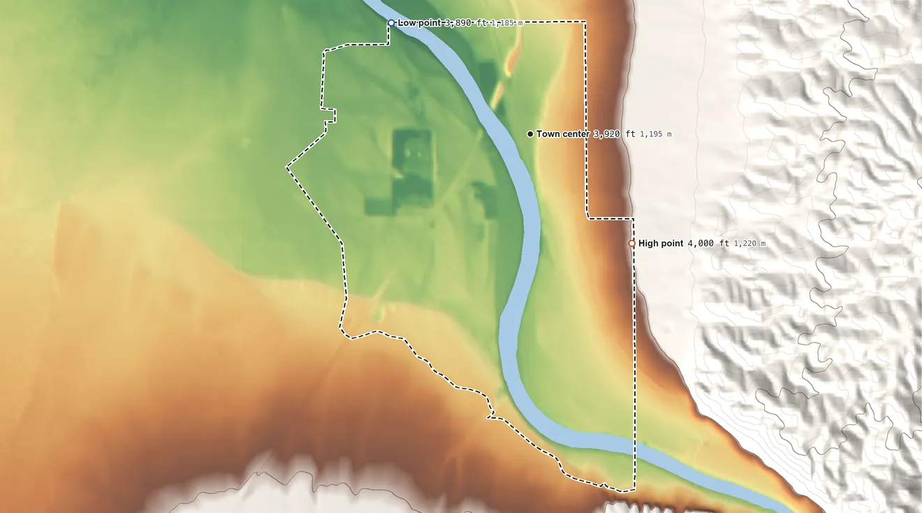 Topographic elevation map of Toston, Montana, shaded from 3,890 ft on the northwest side to 4,000 ft at the foot of the Horseshoe Hills
