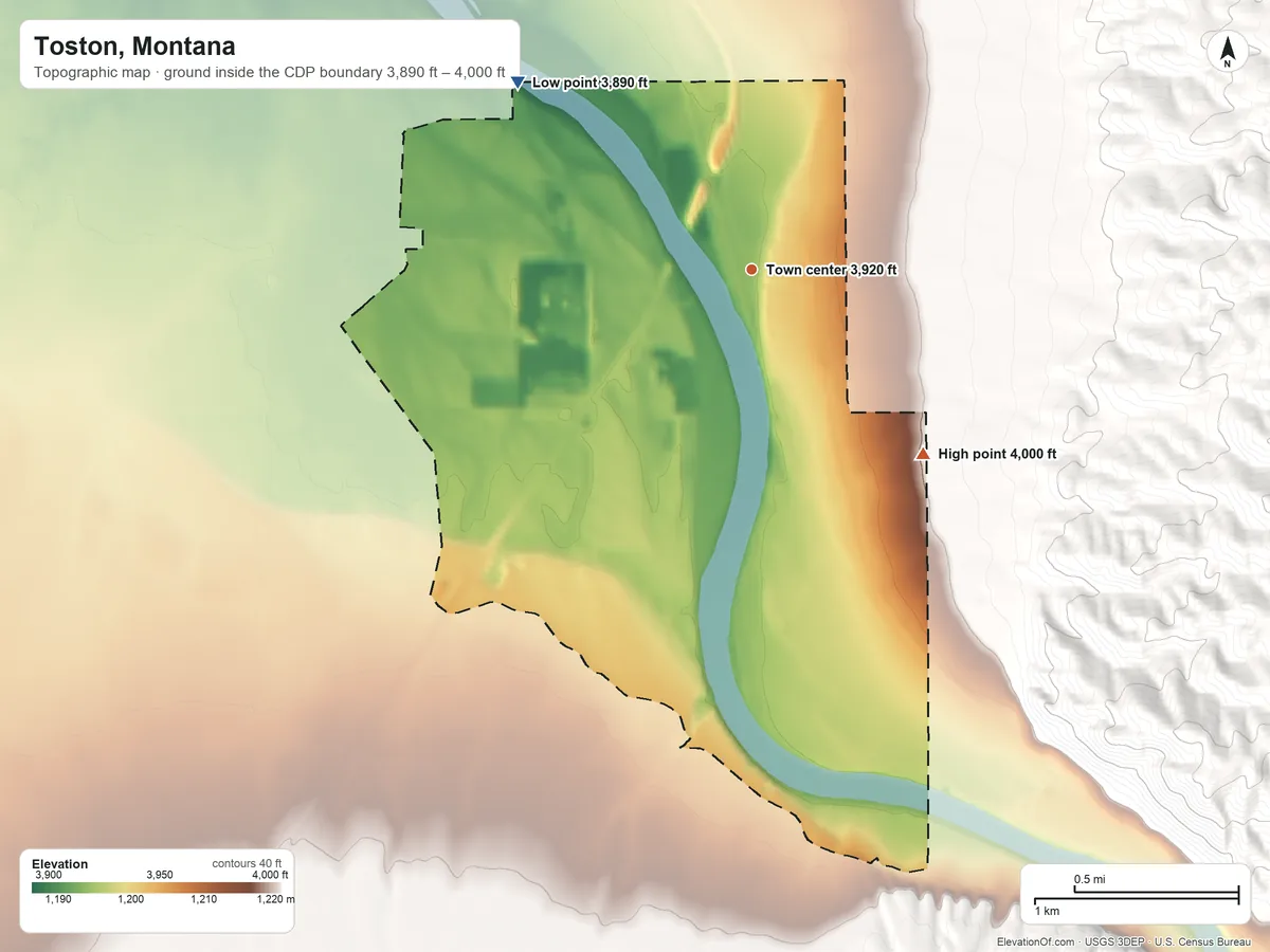 Topographic elevation map of Toston, Montana, shaded from 3,890 ft on the northwest side to 4,000 ft at the foot of the Horseshoe Hills