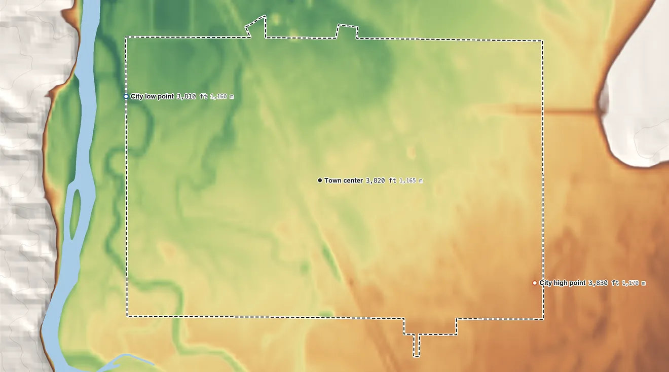 Topographic elevation map of Townsend, Montana, shaded from 3,810 ft on the northwest side to 3,830 ft on the southeast side