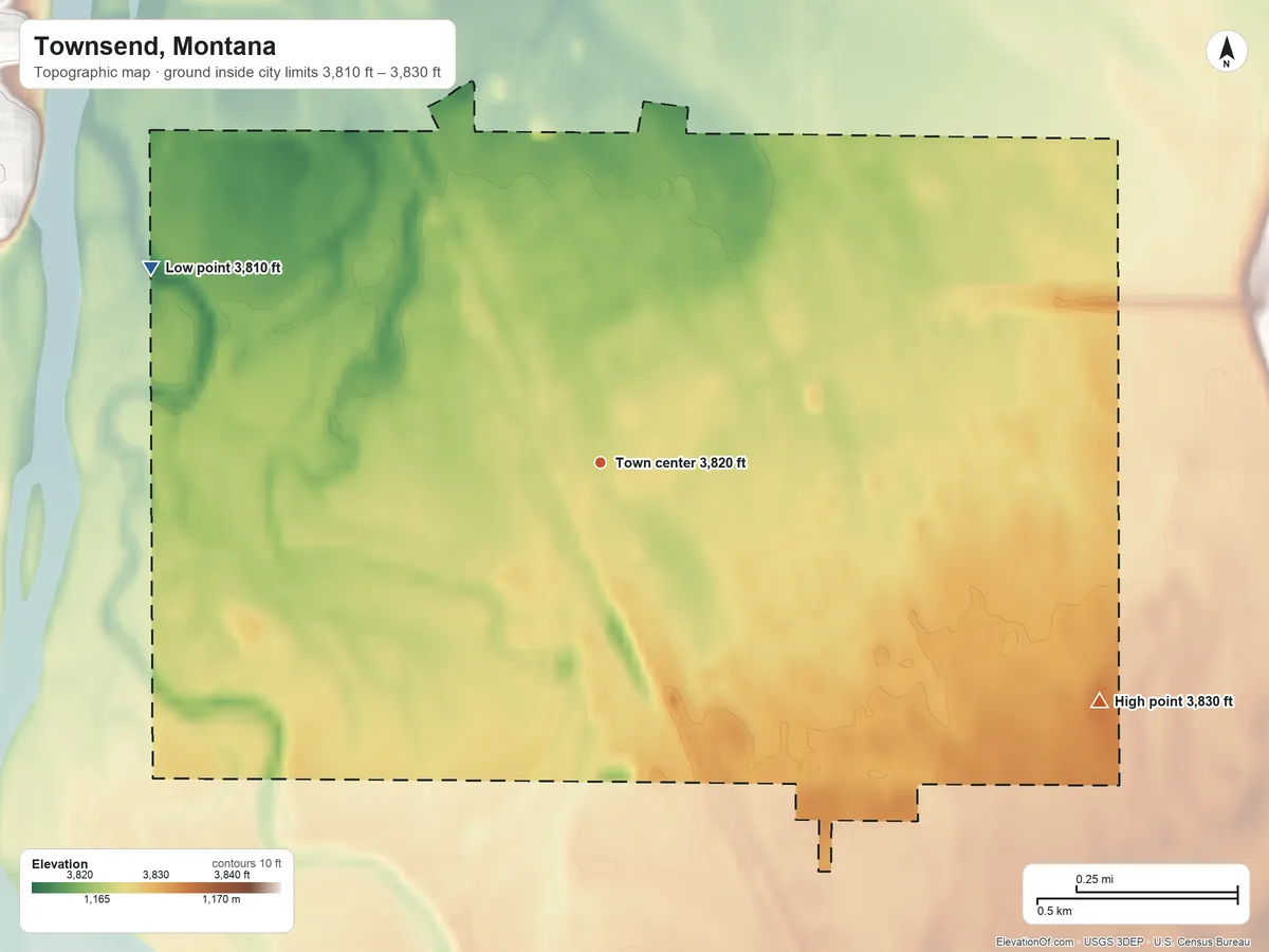 Topographic elevation map of Townsend, Montana, shaded from 3,810 ft on the northwest side to 3,830 ft on the southeast side