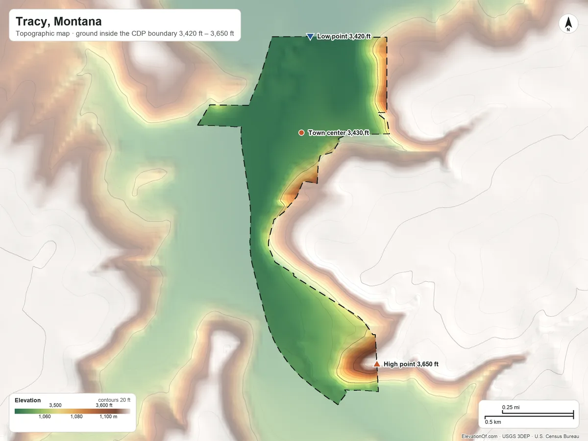Topographic elevation map of Tracy, Montana, shaded from 3,420 ft on the north side to 3,650 ft on the south side