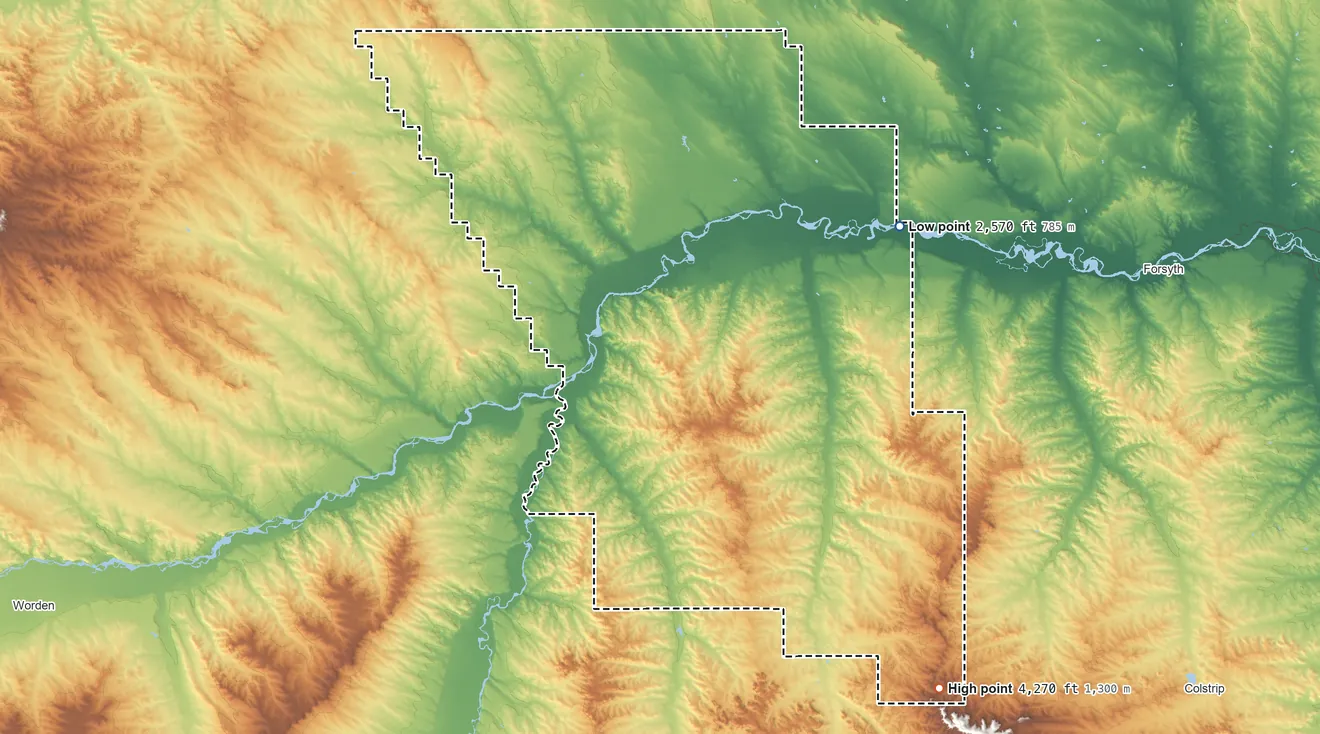 Topographic elevation map of Treasure County, Montana, shaded from 2,570 ft on the northeast side to 4,270 ft on the southeast side