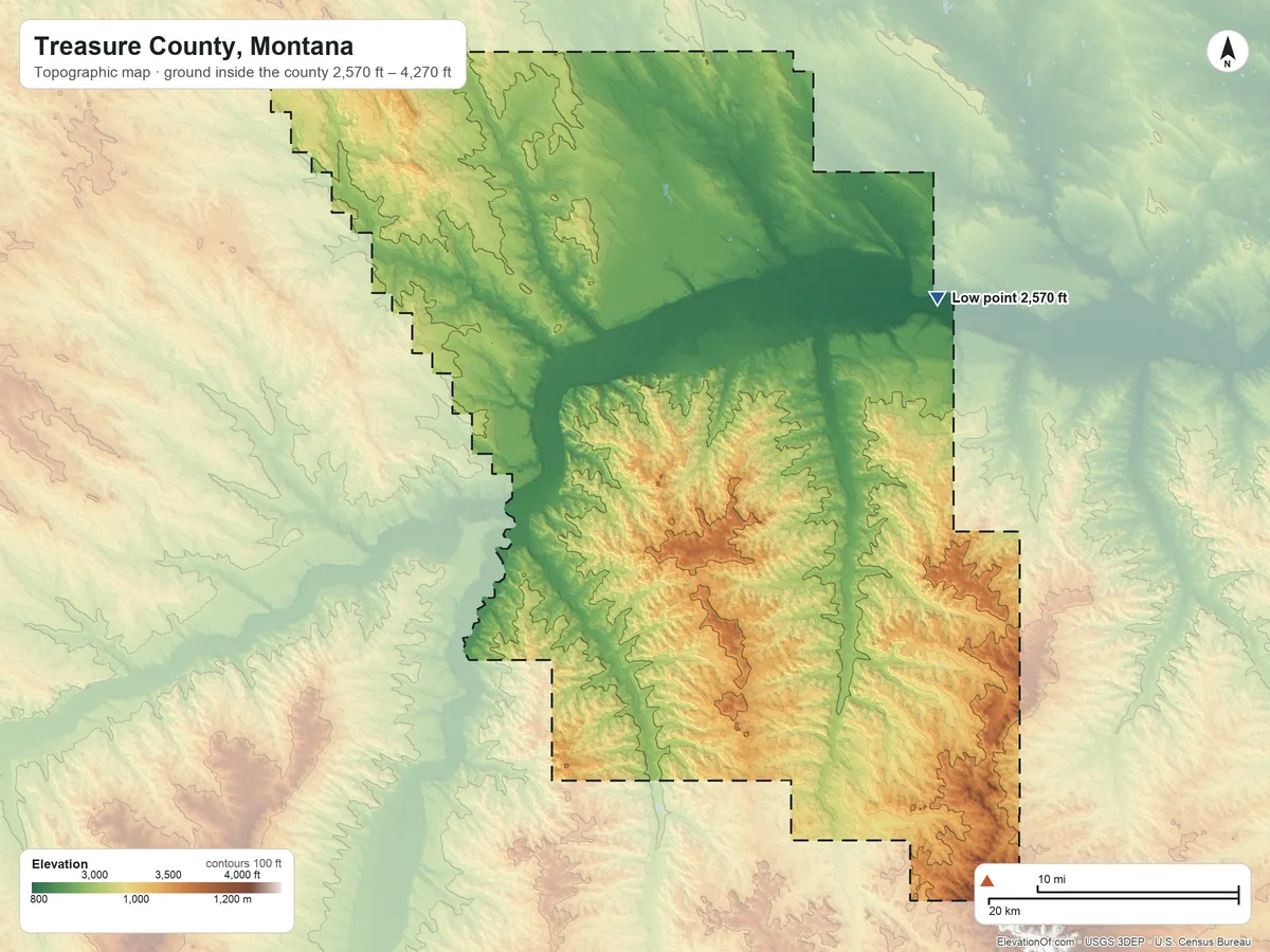 Topographic elevation map of Treasure County, Montana, shaded from 2,570 ft on the northeast side to 4,270 ft on the southeast side