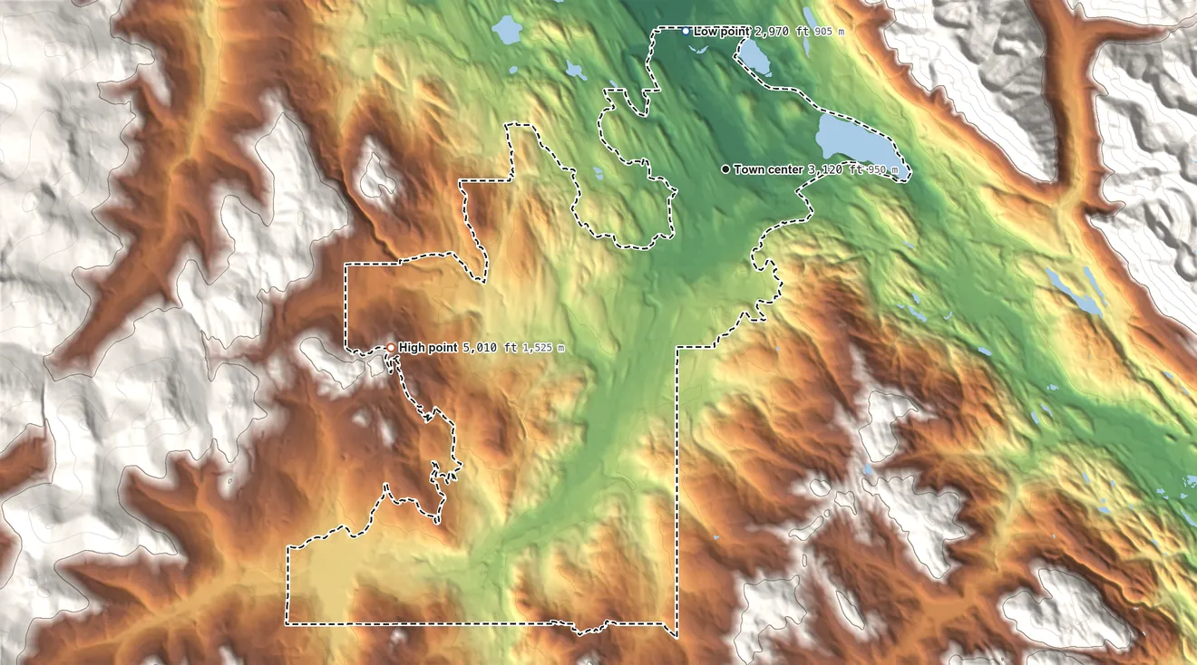 Topographic elevation map of Trego, Montana, shaded from 2,970 ft on the north side to 5,010 ft on the southwest side