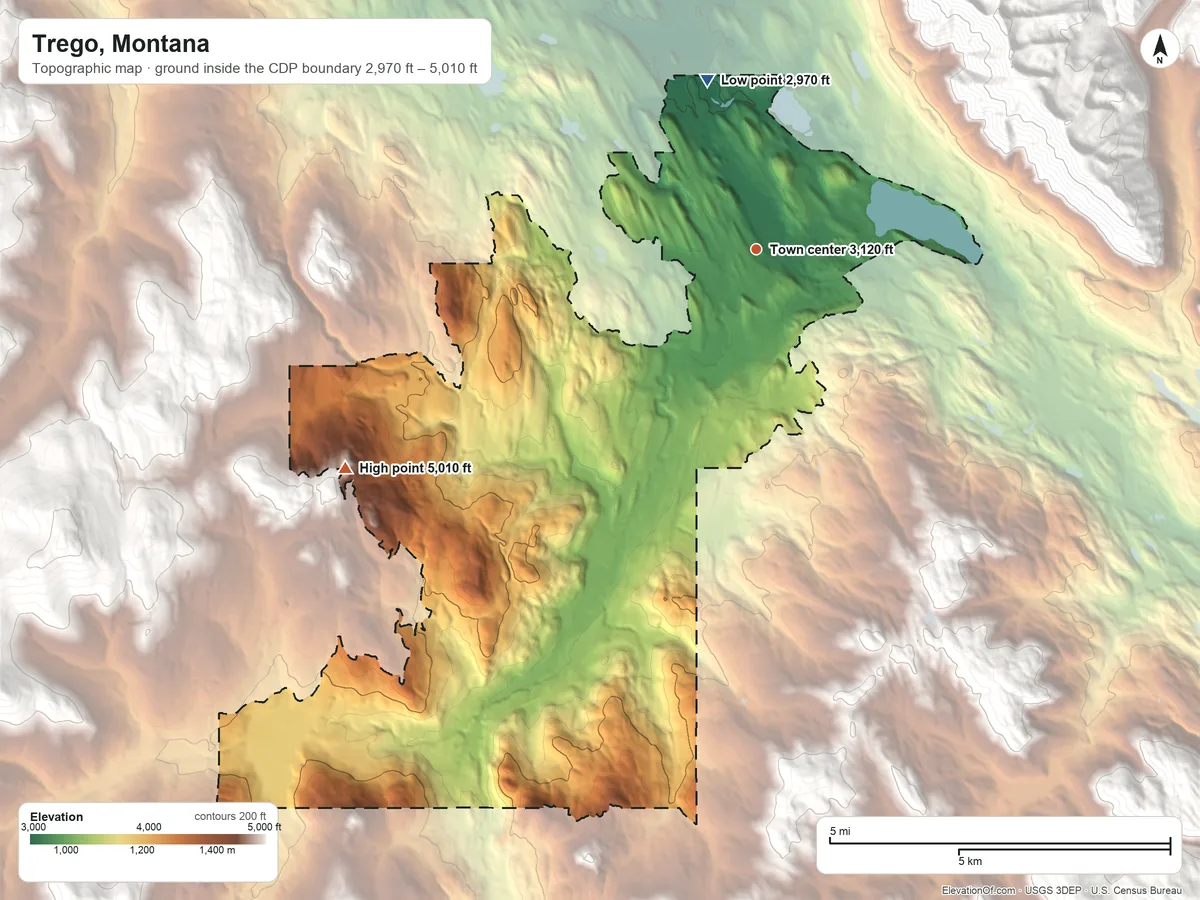 Topographic elevation map of Trego, Montana, shaded from 2,970 ft on the north side to 5,010 ft on the southwest side