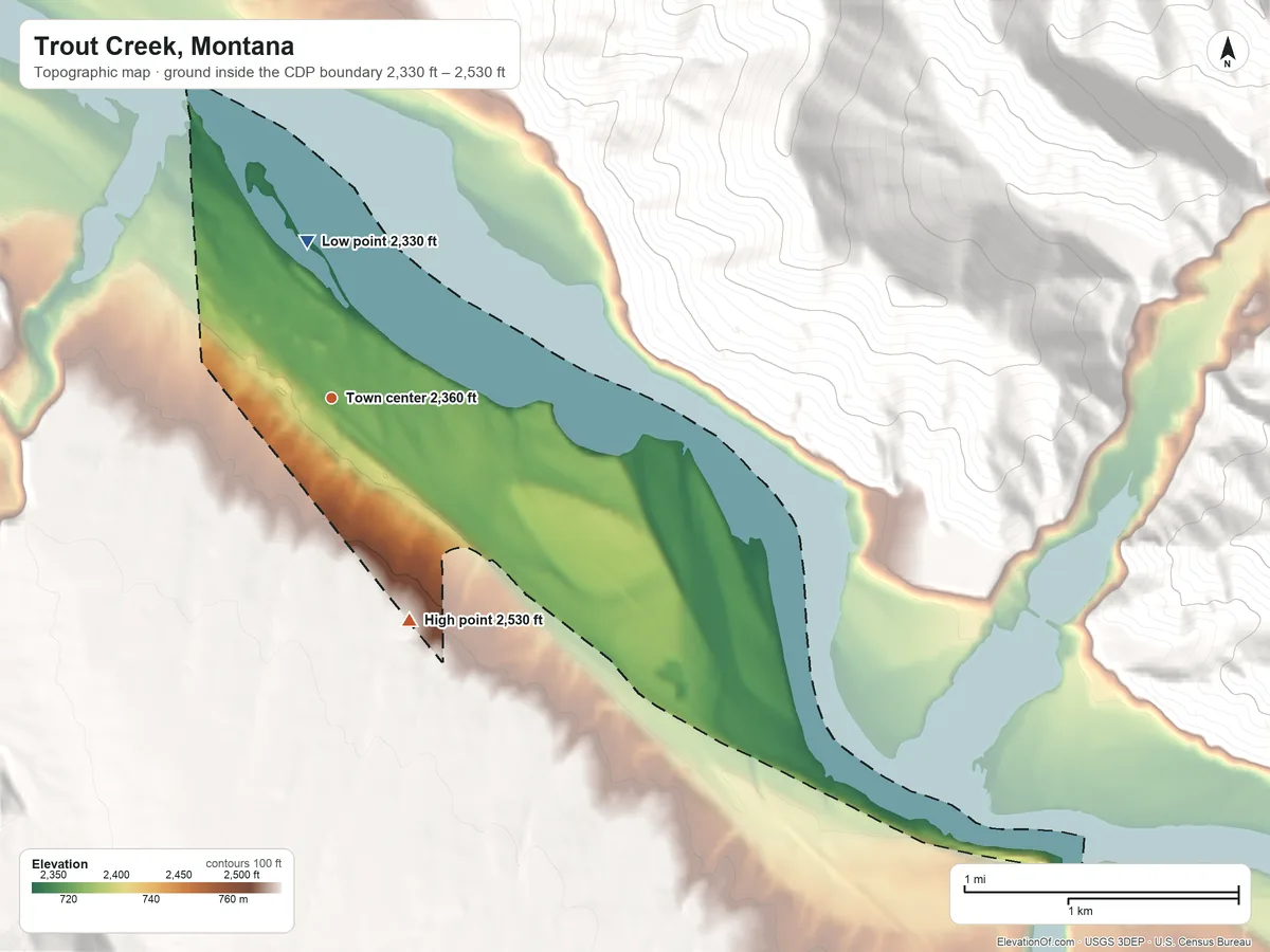 Topographic elevation map of Trout Creek, Montana, shaded from 2,330 ft on the north side to 2,530 ft on the south edge, below higher ground just outside