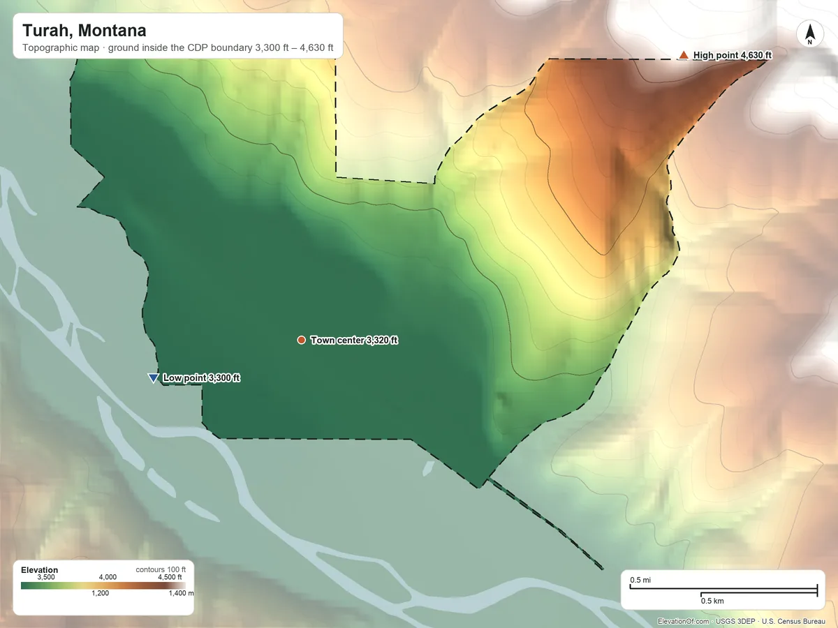 Topographic elevation map of Turah, Montana, shaded from 3,300 ft on the west side to 4,630 ft at the foot of the South Hills