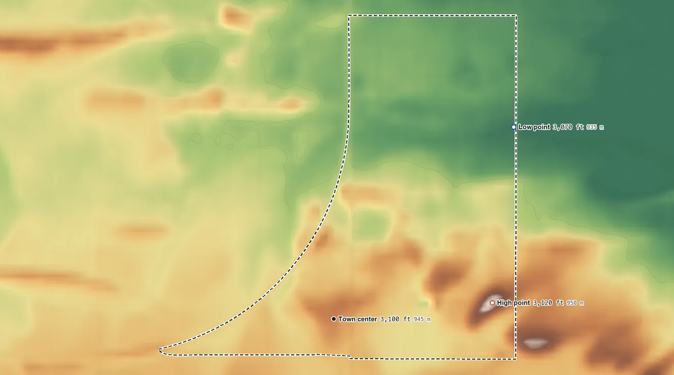 Topographic elevation map of Turner Colony, Montana, shaded from 3,070 ft on the northeast side to 3,120 ft on the east side