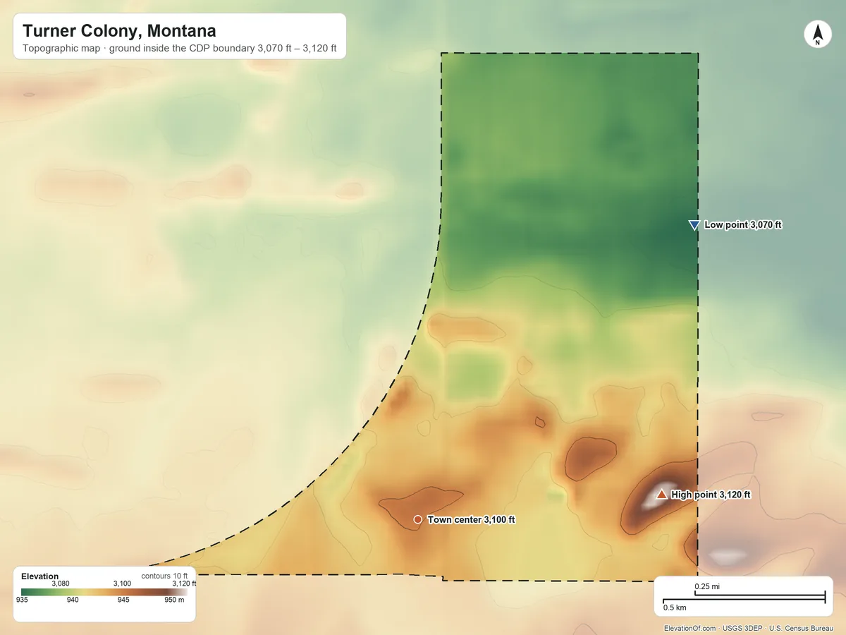 Topographic elevation map of Turner Colony, Montana, shaded from 3,070 ft on the northeast side to 3,120 ft on the east side