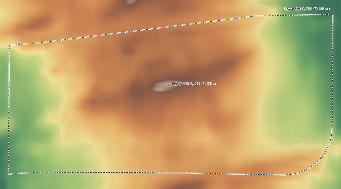 Topographic elevation map of Turner, Montana, shaded from 3,030 ft on the northeast side to 3,060 ft on the east side