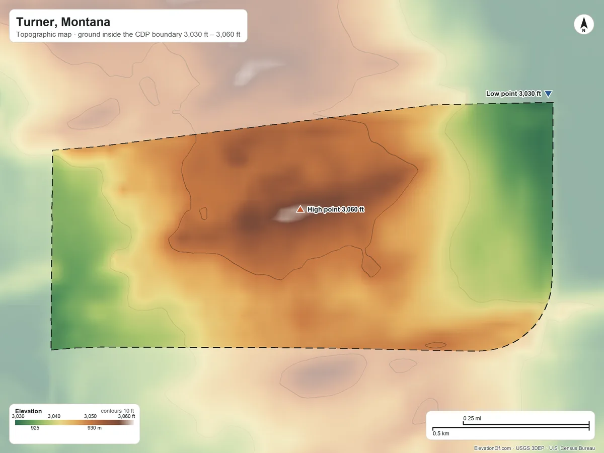 Topographic elevation map of Turner, Montana, shaded from 3,030 ft on the northeast side to 3,060 ft on the east side