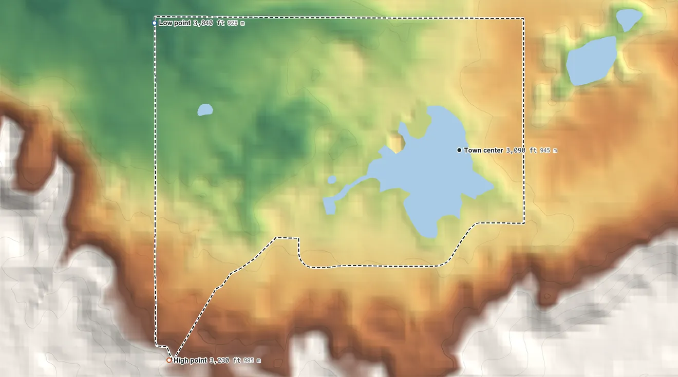Topographic elevation map of Turtle Lake, Montana, shaded from 3,040 ft on the northwest side to 3,230 ft on the southwest side