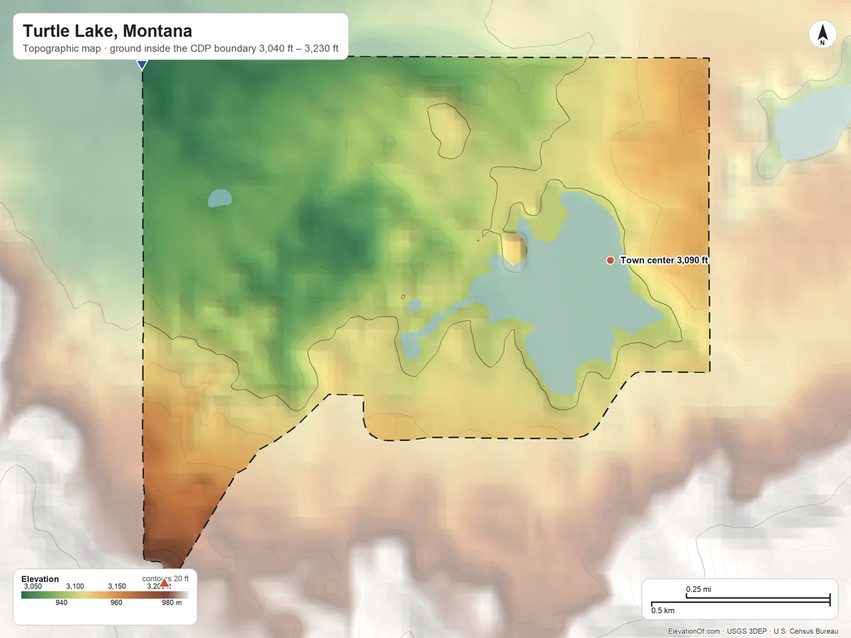 Topographic elevation map of Turtle Lake, Montana, shaded from 3,040 ft on the northwest side to 3,230 ft on the southwest side