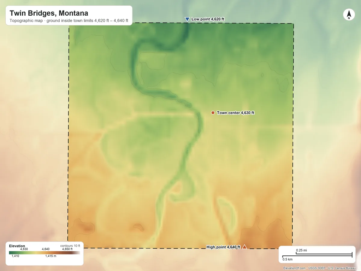 Topographic elevation map of Twin Bridges, Montana, shaded from 4,620 ft on the north side to 4,640 ft on the south side