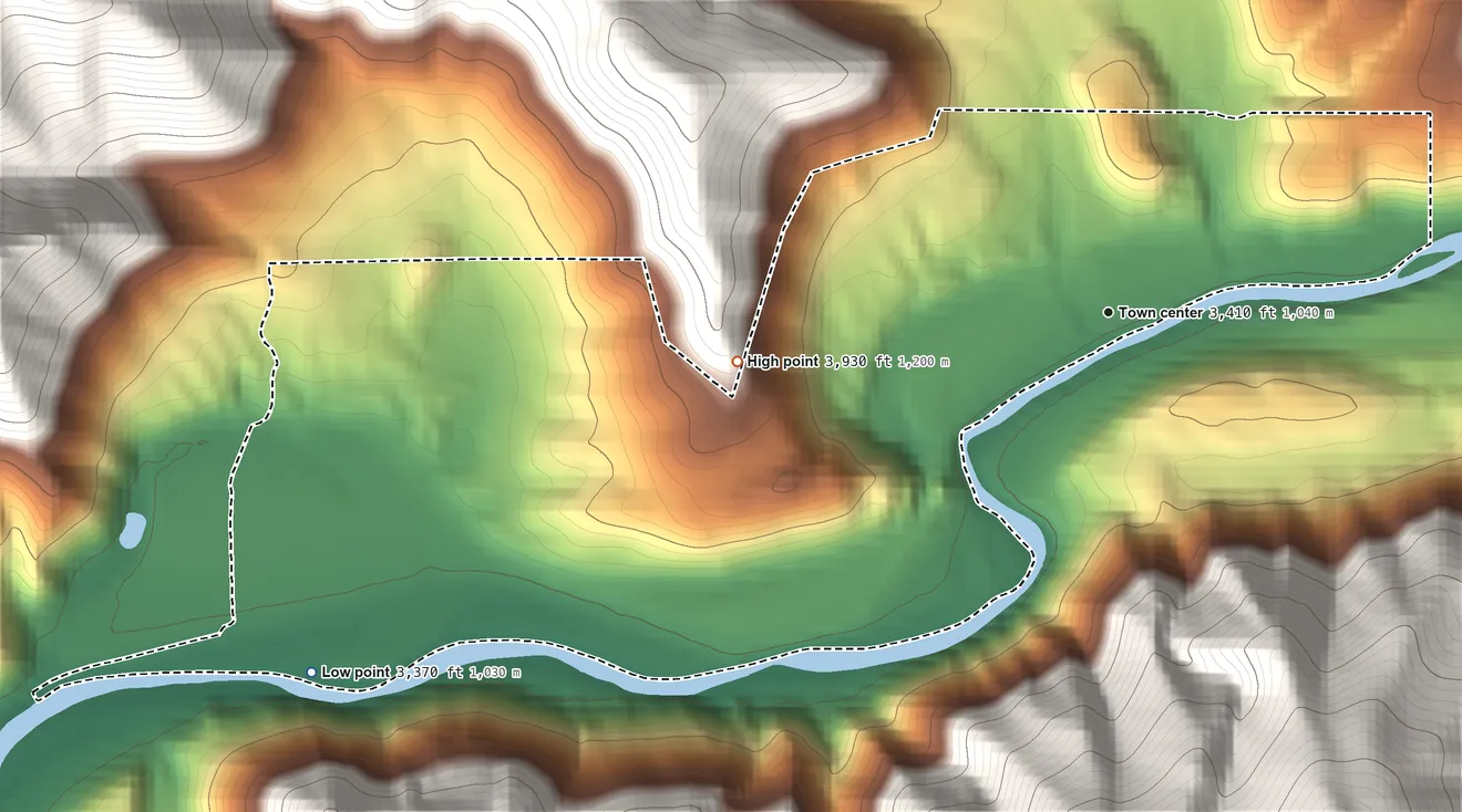 Topographic elevation map of Twin Creeks, Montana, shaded from 3,370 ft on the southwest side to 3,930 ft at the foot of the North Hills
