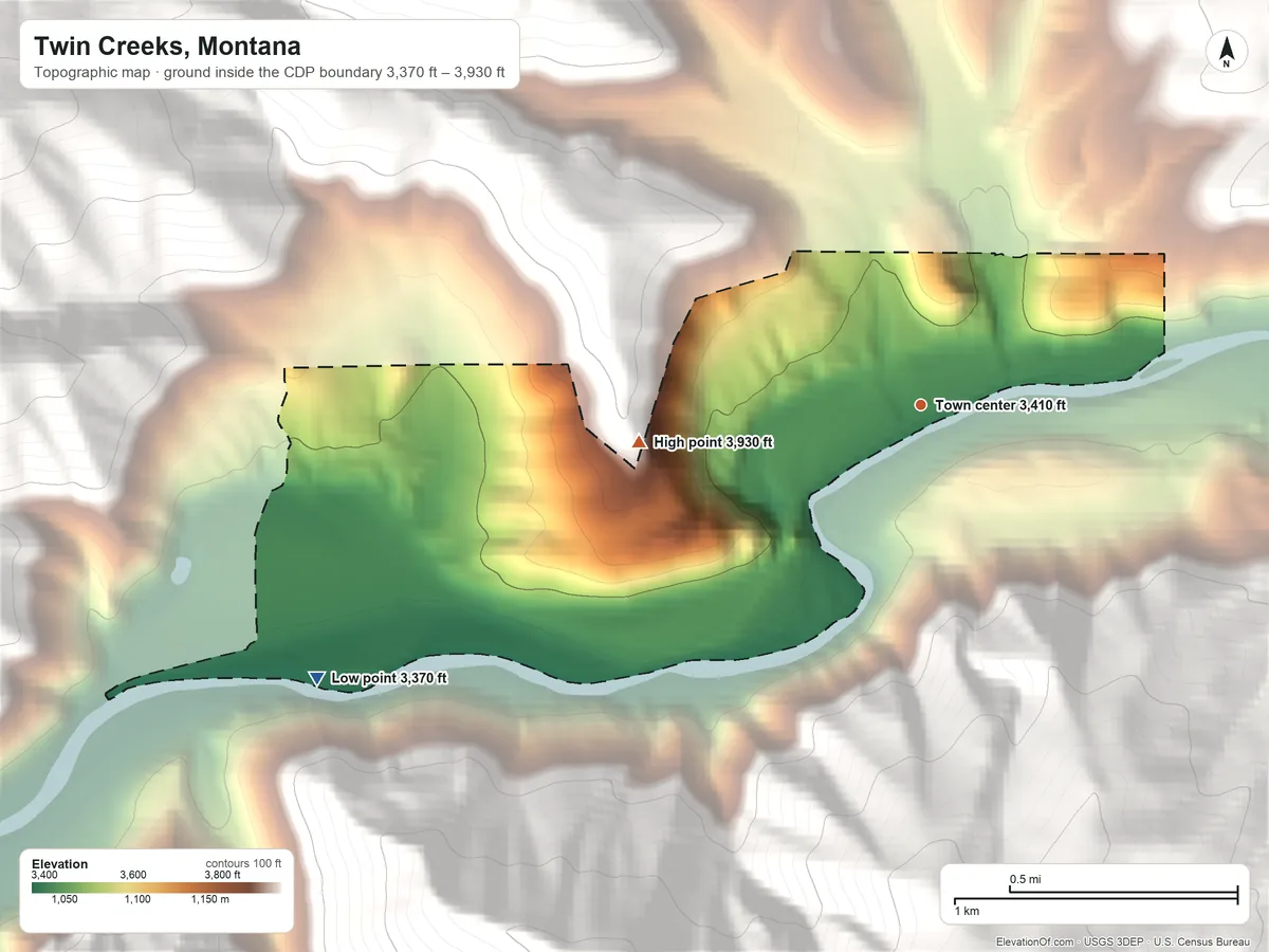 Topographic elevation map of Twin Creeks, Montana, shaded from 3,370 ft on the southwest side to 3,930 ft at the foot of the North Hills