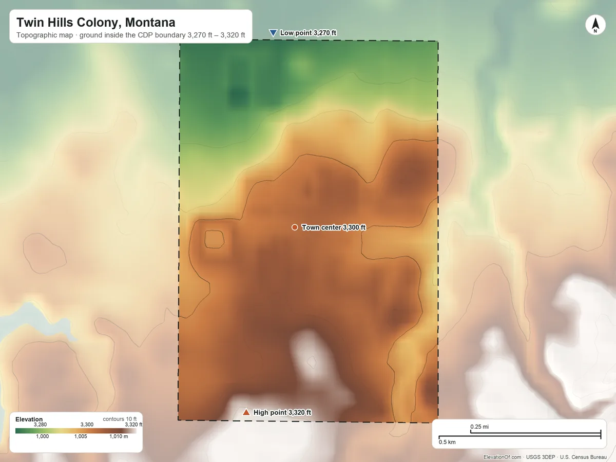 Topographic elevation map of Twin Hills Colony, Montana, shaded from 3,270 ft on the north side to 3,320 ft on the south side