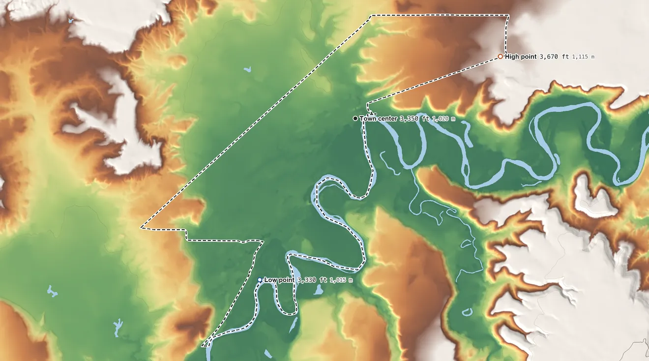Topographic elevation map of Ulm, Montana, shaded from 3,330 ft on the southwest side to 3,670 ft on the northeast side