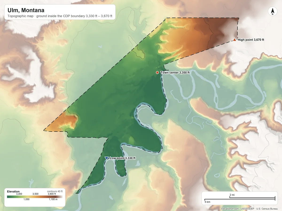 Topographic elevation map of Ulm, Montana, shaded from 3,330 ft on the southwest side to 3,670 ft on the northeast side