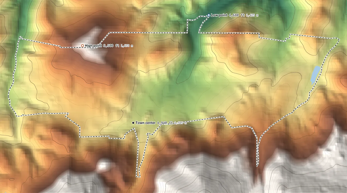 Topographic elevation map of Unionville, Montana, shaded from 4,680 ft on the northeast side to 5,500 ft at the foot of the Elkhorn Mountains