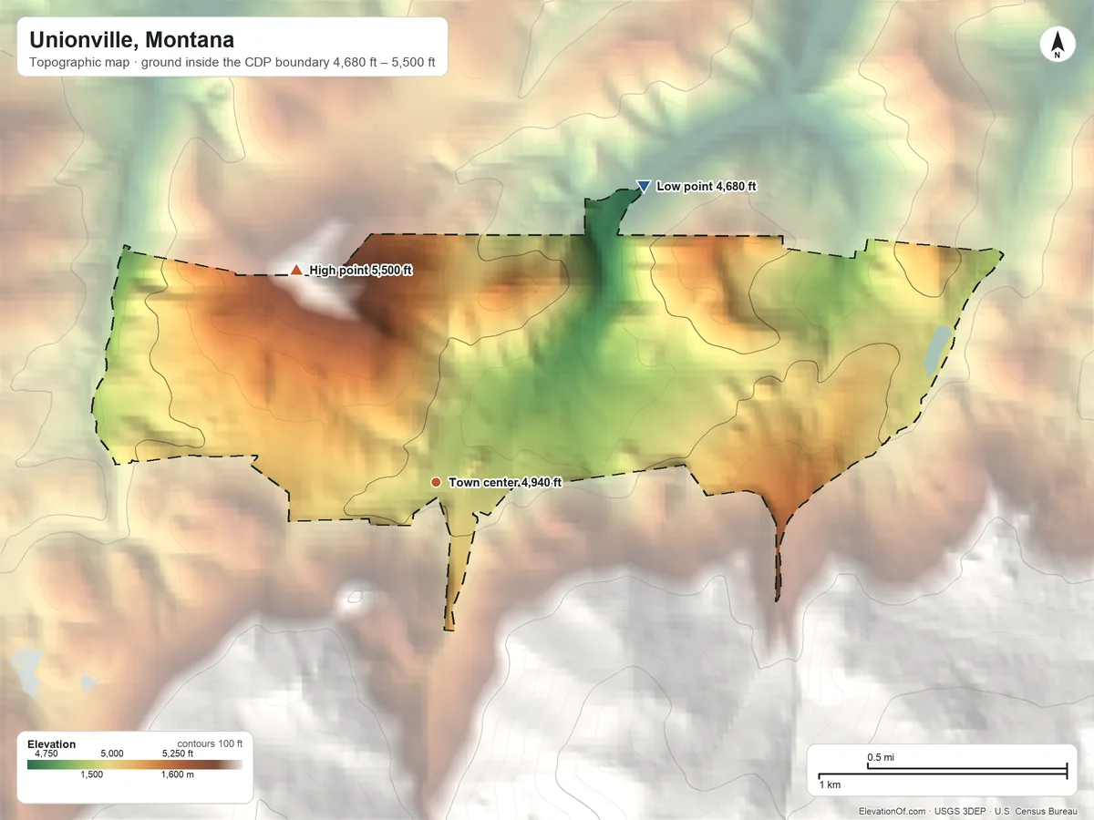 Topographic elevation map of Unionville, Montana, shaded from 4,680 ft on the northeast side to 5,500 ft at the foot of the Elkhorn Mountains