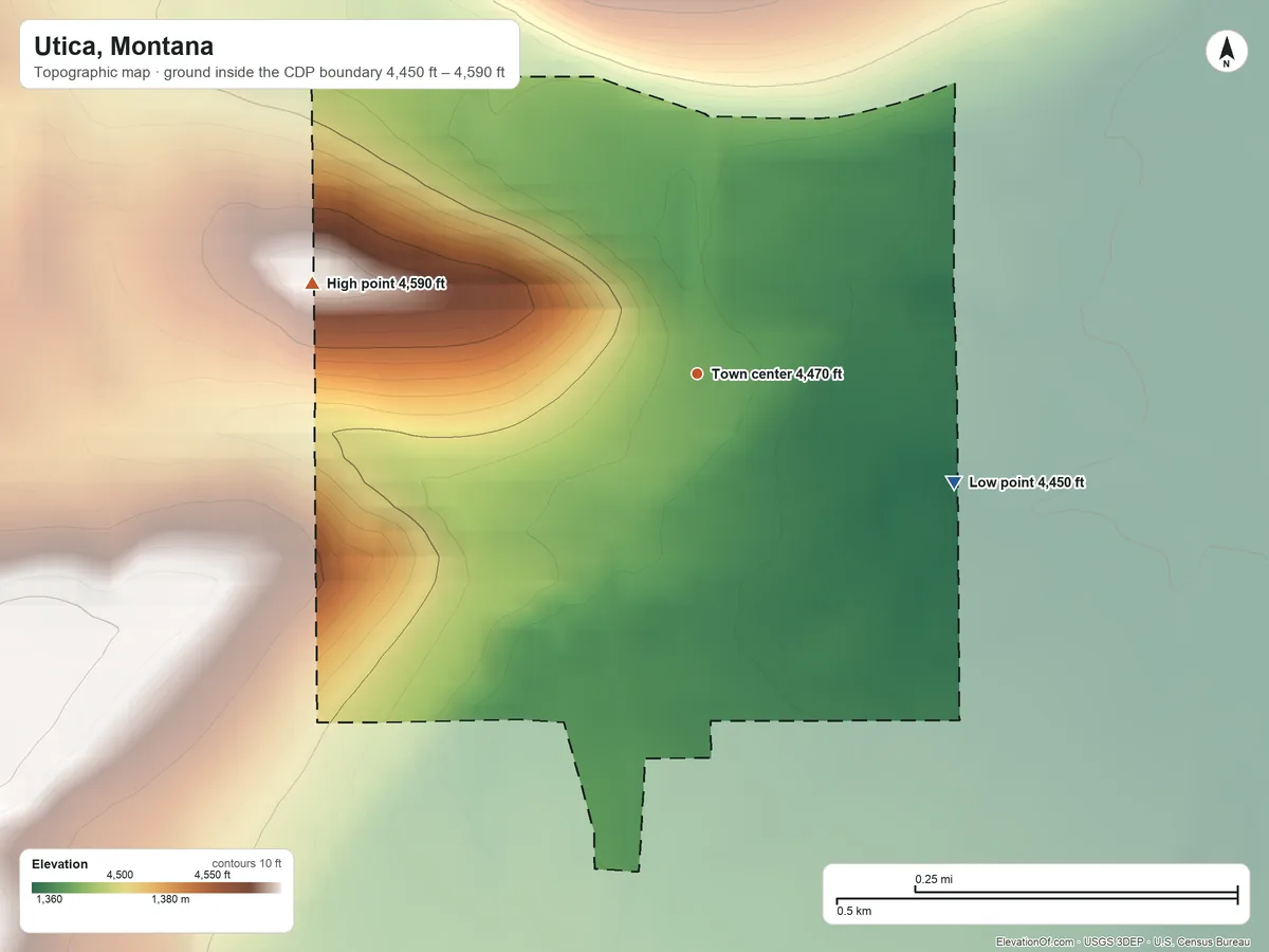 Topographic elevation map of Utica, Montana, shaded from 4,450 ft on the southeast side to 4,590 ft on the west side