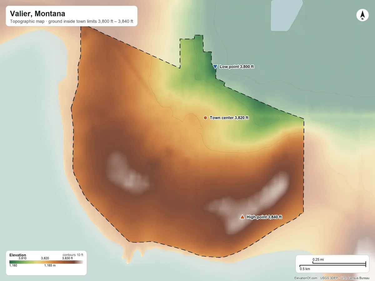 Topographic elevation map of Valier, Montana, shaded from 3,800 ft on the north side to 3,840 ft on the south side