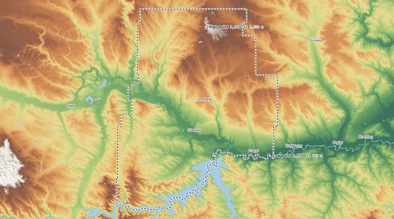 Topographic elevation map of Valley County, Montana, shaded from 1,990 ft on the southeast side to 3,310 ft on Coal Mine Hill