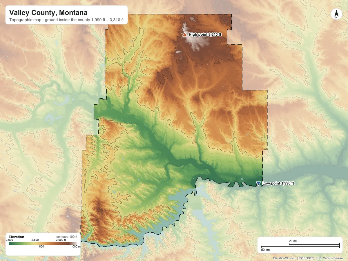 Topographic elevation map of Valley County, Montana, shaded from 1,990 ft on the southeast side to 3,310 ft on Coal Mine Hill