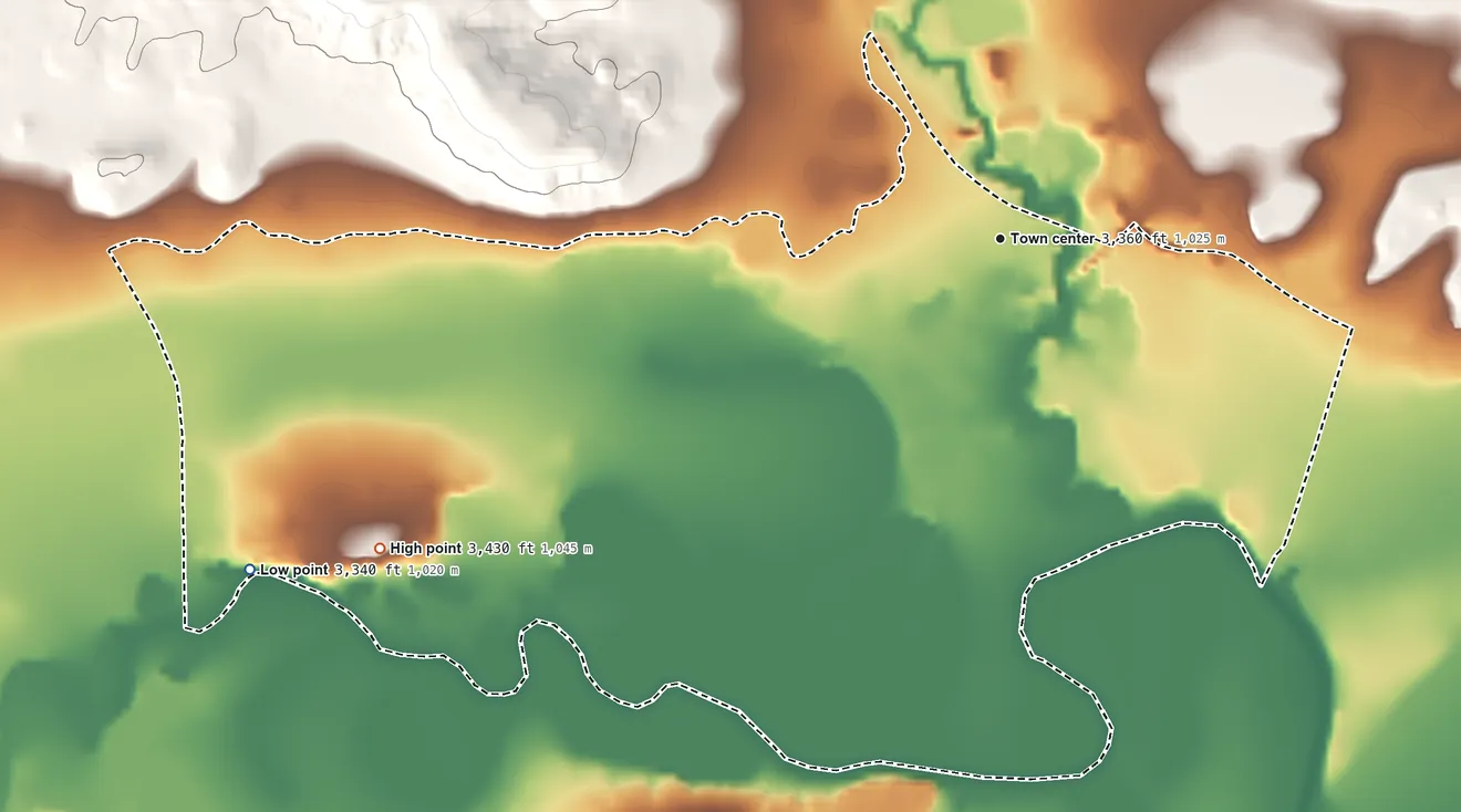 Topographic elevation map of Vaughn, Montana, shaded from 3,340 ft on the southwest side to 3,430 ft on the southwest side