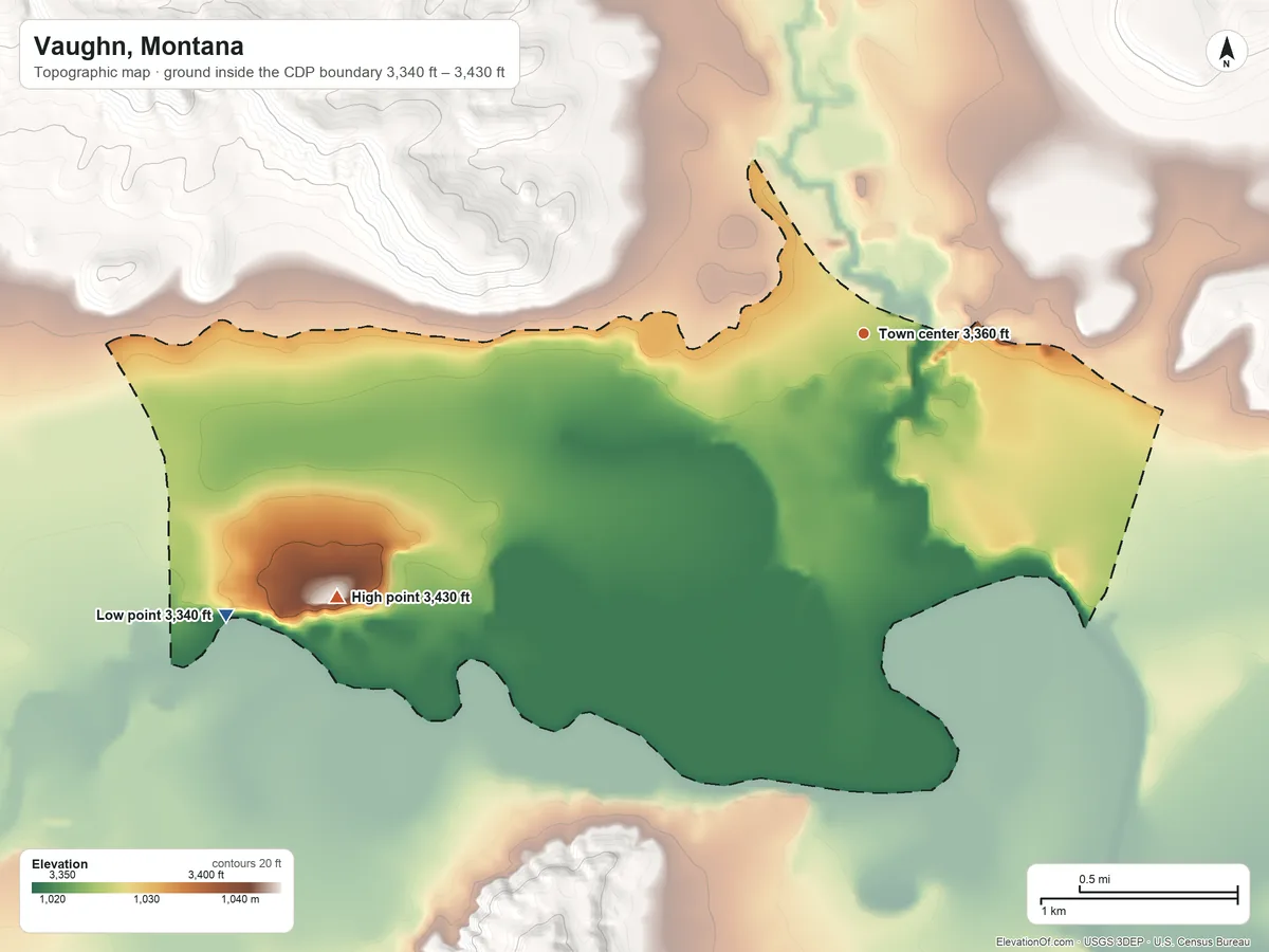 Topographic elevation map of Vaughn, Montana, shaded from 3,340 ft on the southwest side to 3,430 ft on the southwest side