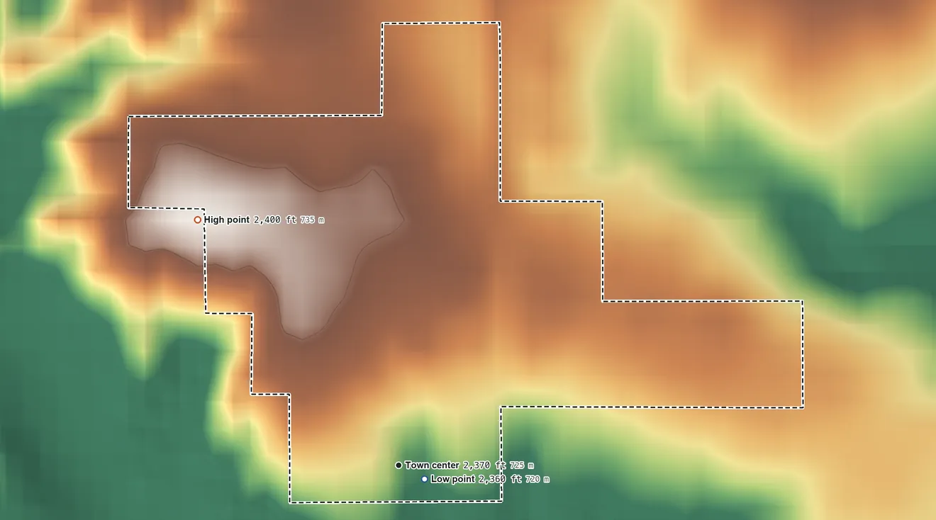 Topographic elevation map of Vida, Montana, shaded from 2,360 ft near the middle to 2,400 ft on the northwest side