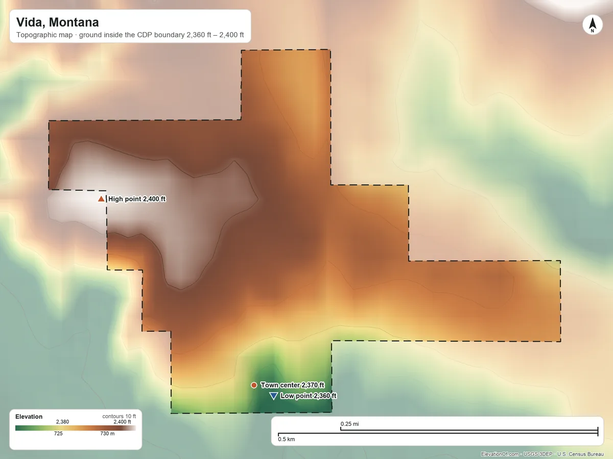 Topographic elevation map of Vida, Montana, shaded from 2,360 ft near the middle to 2,400 ft on the northwest side