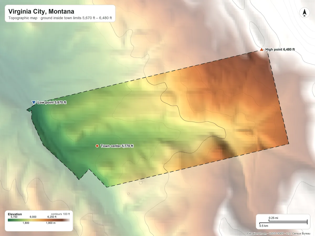 Topographic elevation map of Virginia City, Montana, shaded from 5,670 ft on the northwest side to 6,480 ft at the foot of the Greenhorn Range