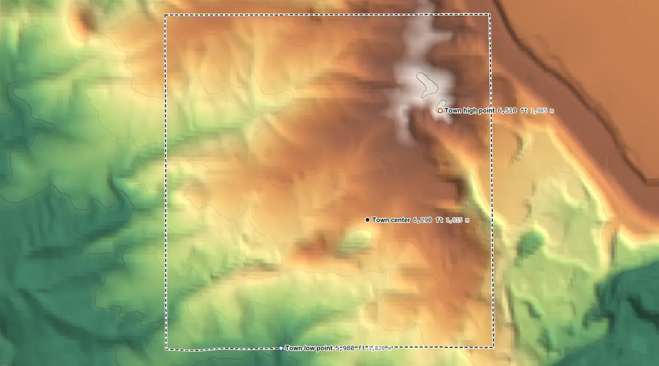 Topographic elevation map of Walkerville, Montana, shaded from 5,980 ft on the southwest side to 6,510 ft on the northeast side