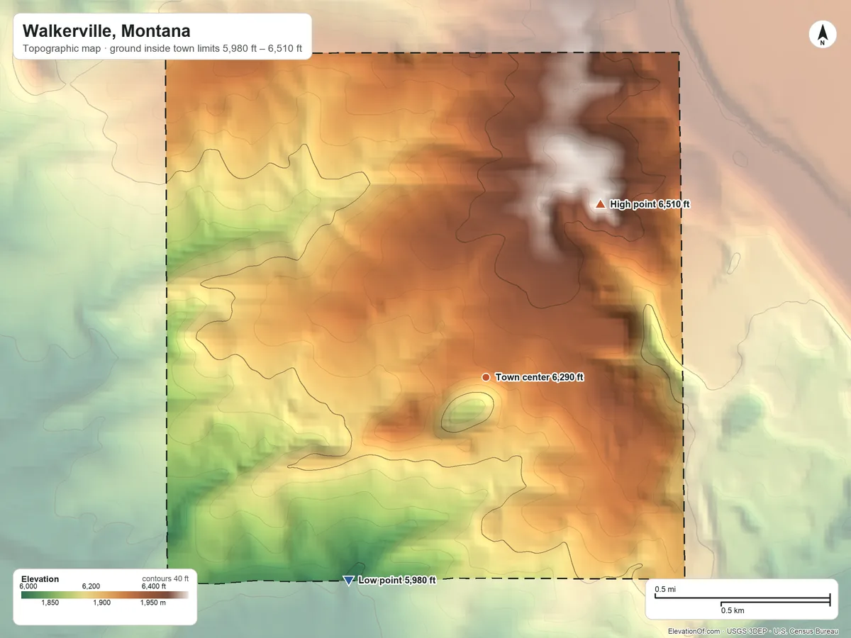 Topographic elevation map of Walkerville, Montana, shaded from 5,980 ft on the southwest side to 6,510 ft on the northeast side