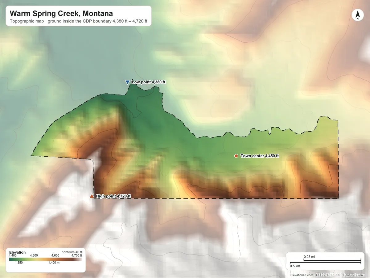 Topographic elevation map of Warm Spring Creek, Montana, shaded from 4,380 ft on the northwest side to 4,720 ft at the foot of the Judith Mountains