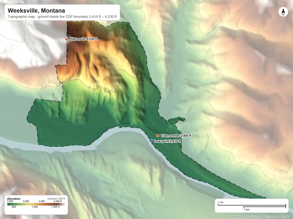 Topographic elevation map of Weeksville, Montana, shaded from 2,410 ft near the middle to 4,230 ft at the foot of the Coeur d'Alene Mountains
