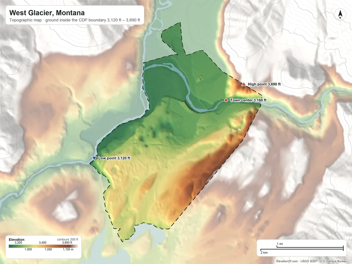 Topographic elevation map of West Glacier, Montana, shaded from 3,120 ft on the southwest side to 3,690 ft at the foot of the Smoky Range