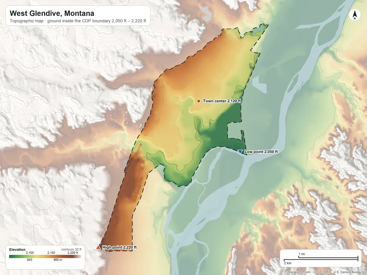 Topographic elevation map of West Glendive, Montana, shaded from 2,050 ft on the southeast side to 2,220 ft on the southwest side