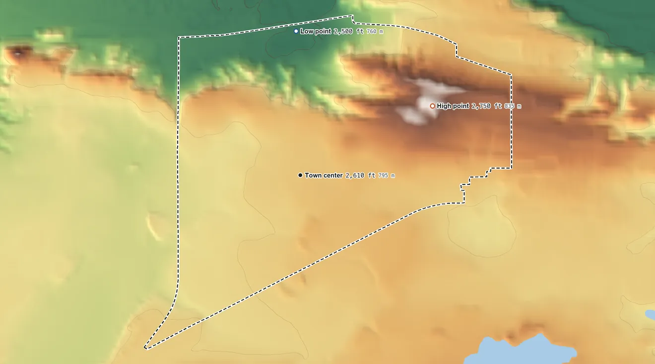 Topographic elevation map of West Havre, Montana, shaded from 2,500 ft on the north side to 2,750 ft on the northeast side