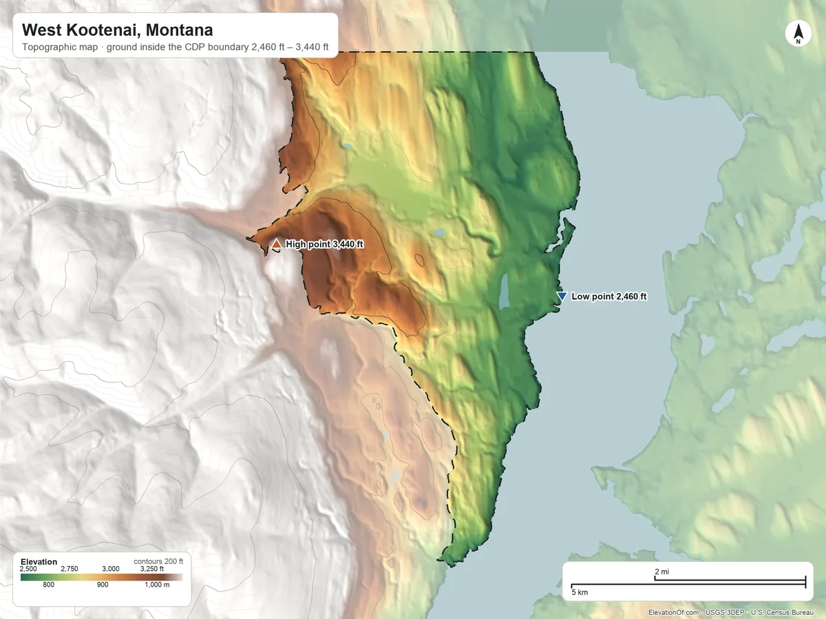 Topographic elevation map of West Kootenai, Montana, shaded from 2,460 ft on the southeast side to 3,440 ft at the foot of the Galton Range