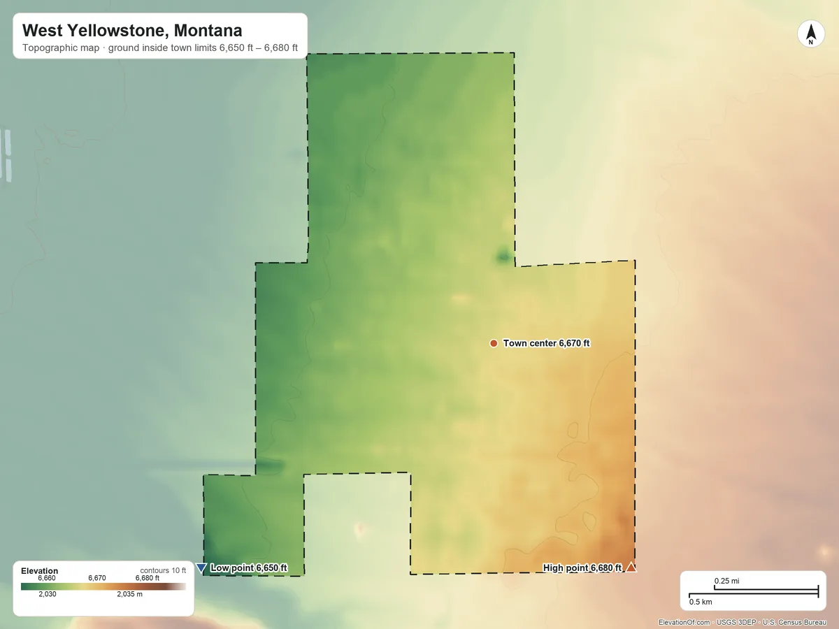 Topographic elevation map of West Yellowstone, Montana, shaded from 6,650 ft on the southwest side to 6,680 ft on the southeast side